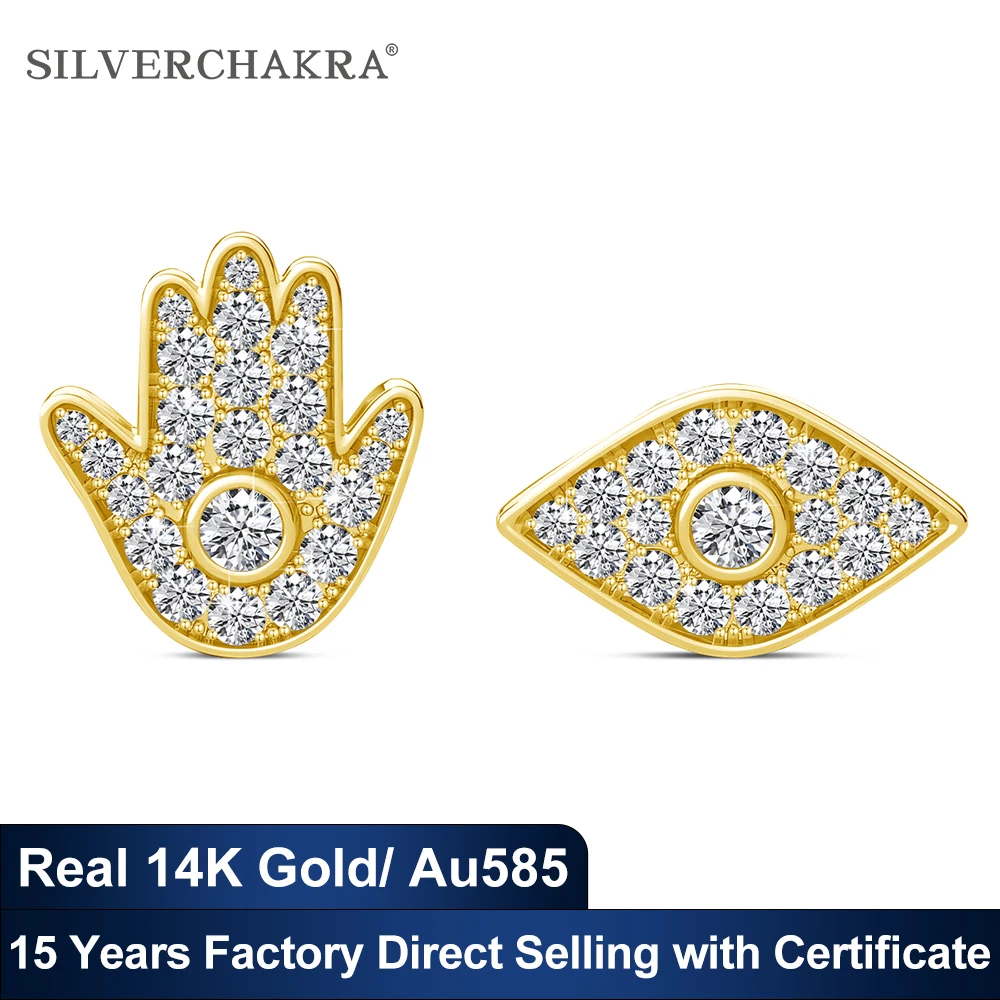 

Evil Hand and Evil Eye Asymmetric 14k Gold Stud Earrings for Women Moissanite Diamond Unisex Au585 Gold Jewelry GRA Certified