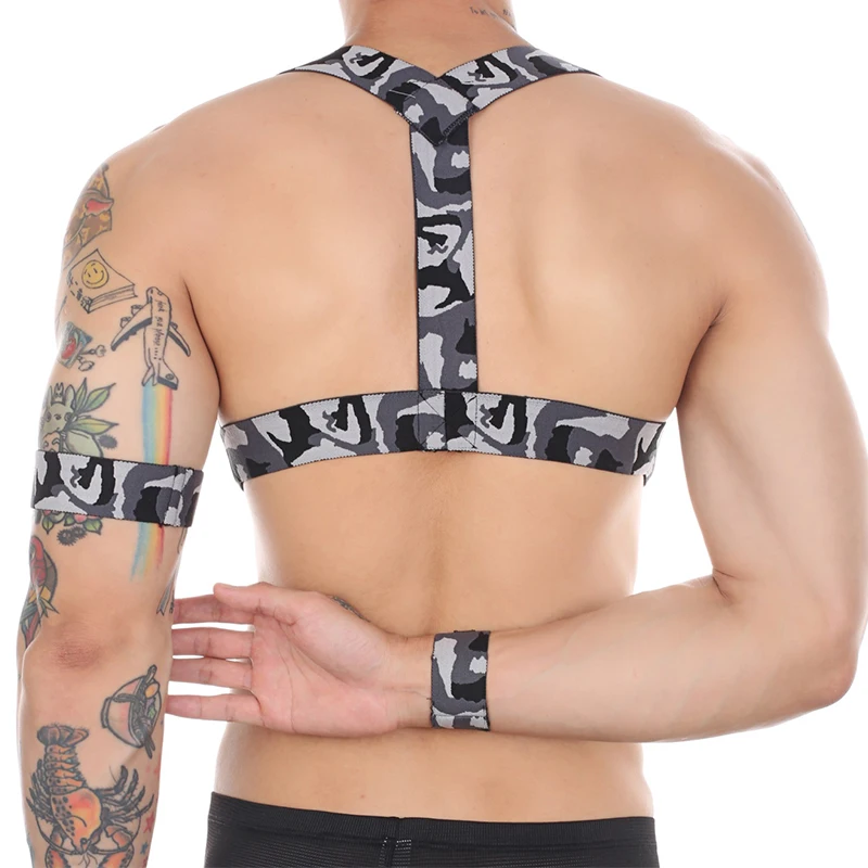 CLEVER-MENMODE Men's Sexy Bondage Harness Set Neck Chest Body Halter with Armband Wristband Camo Belt BDSM Fetish Costume