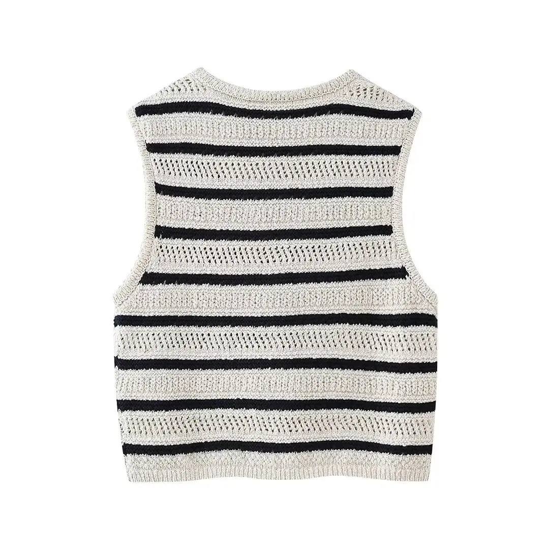 TRAFZA Classic Striped knit Casual Vest Women's Sleeveless Buttons Vest New 2024 Summer Fasion Vacation Garden Parties Vest