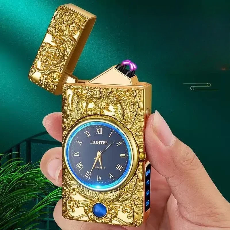 

Новые металлические часы, двойная дуговая зажигалка, светодиодный дисплей, перезаряжаемая через USB, портативная беспламенная зажигалка, уличный фонарик для кемпинга, мужские подарки