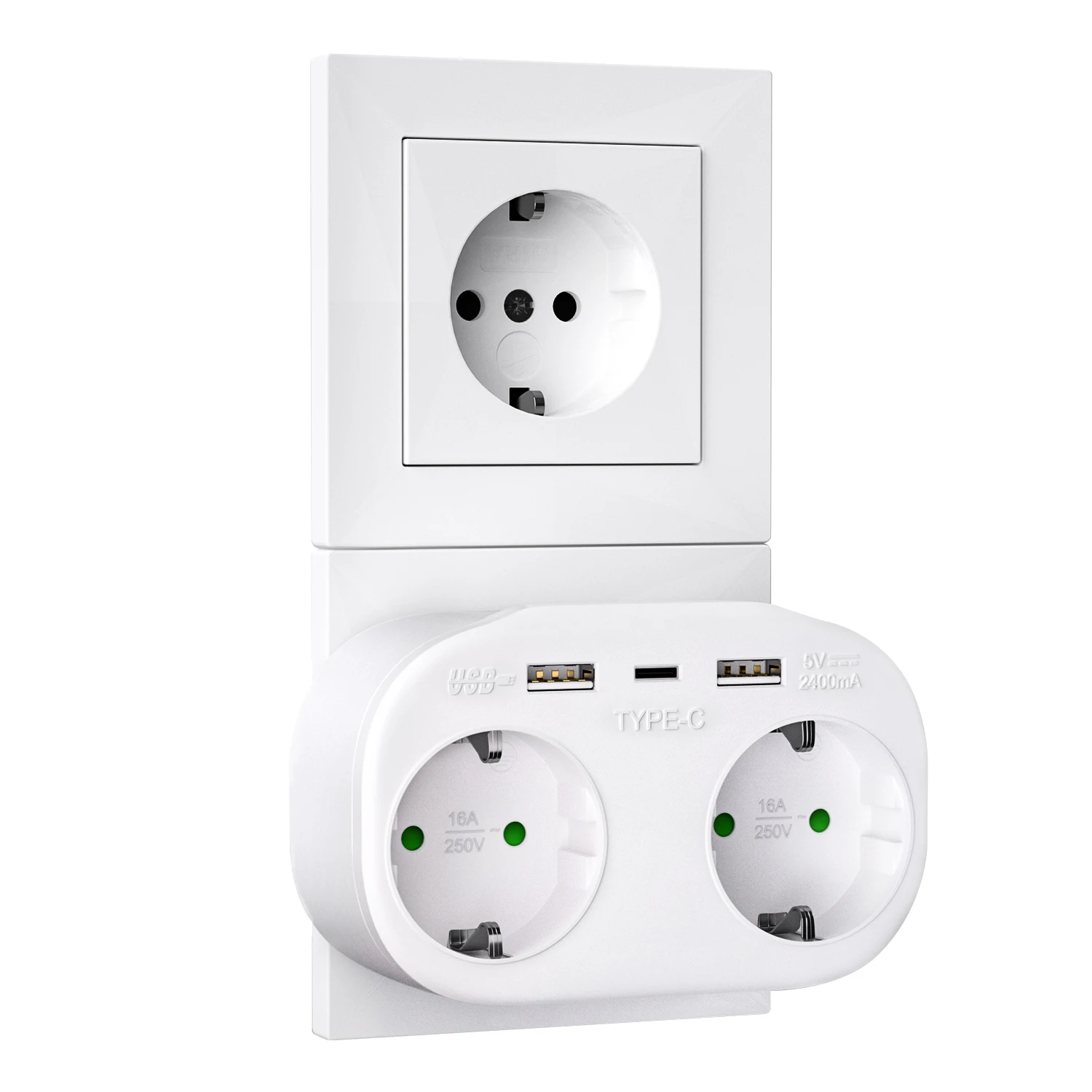 4000W Euro plug power socket with 2 AC power sockets 2 USB charging ports 1 Type-c wall socket adapter Suitable for home offices