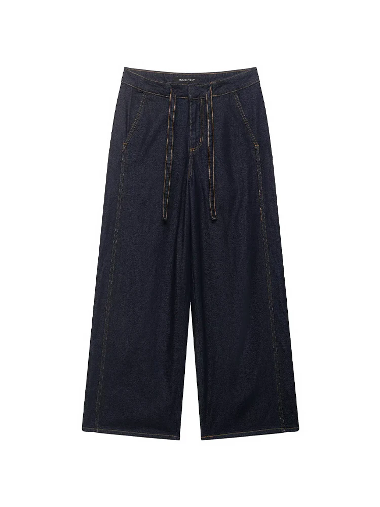 

DUOPERI Women Fashion Blue Denim Front Zipper Wide Leg Pants High Waist Full Length Female Chic Lady Trousers