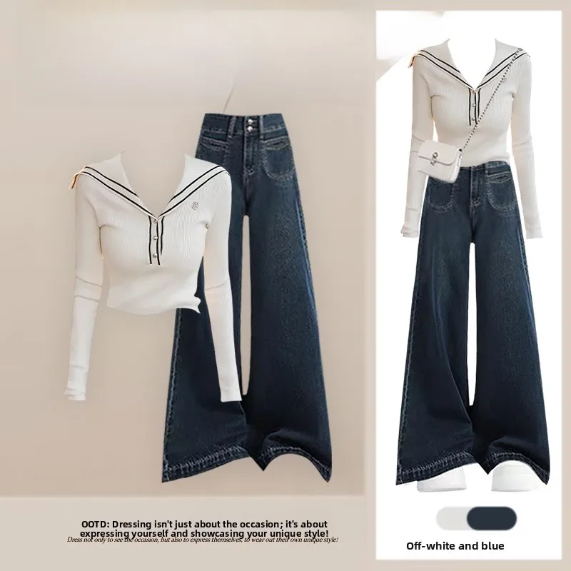 

Вязаный топ и джинсы с широкими штанинами: комплект из двух предметов, с эффектом омоложения, подчеркивающий талию, в стиле Small Fragrance, весенняя мода для женщин