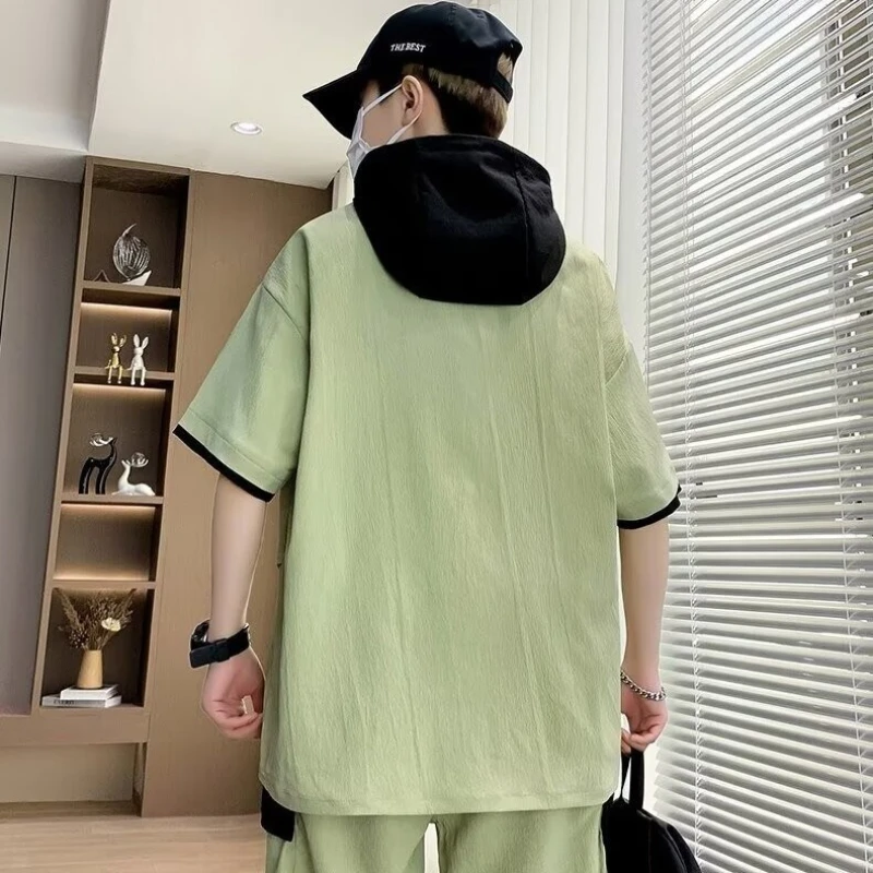 Summer Men S-5XL Oversized Casual Sets Hoodie T Shirts Shorts 2 Piece Set Designer Clothes Youth Sports Green Tracksuit New 2025