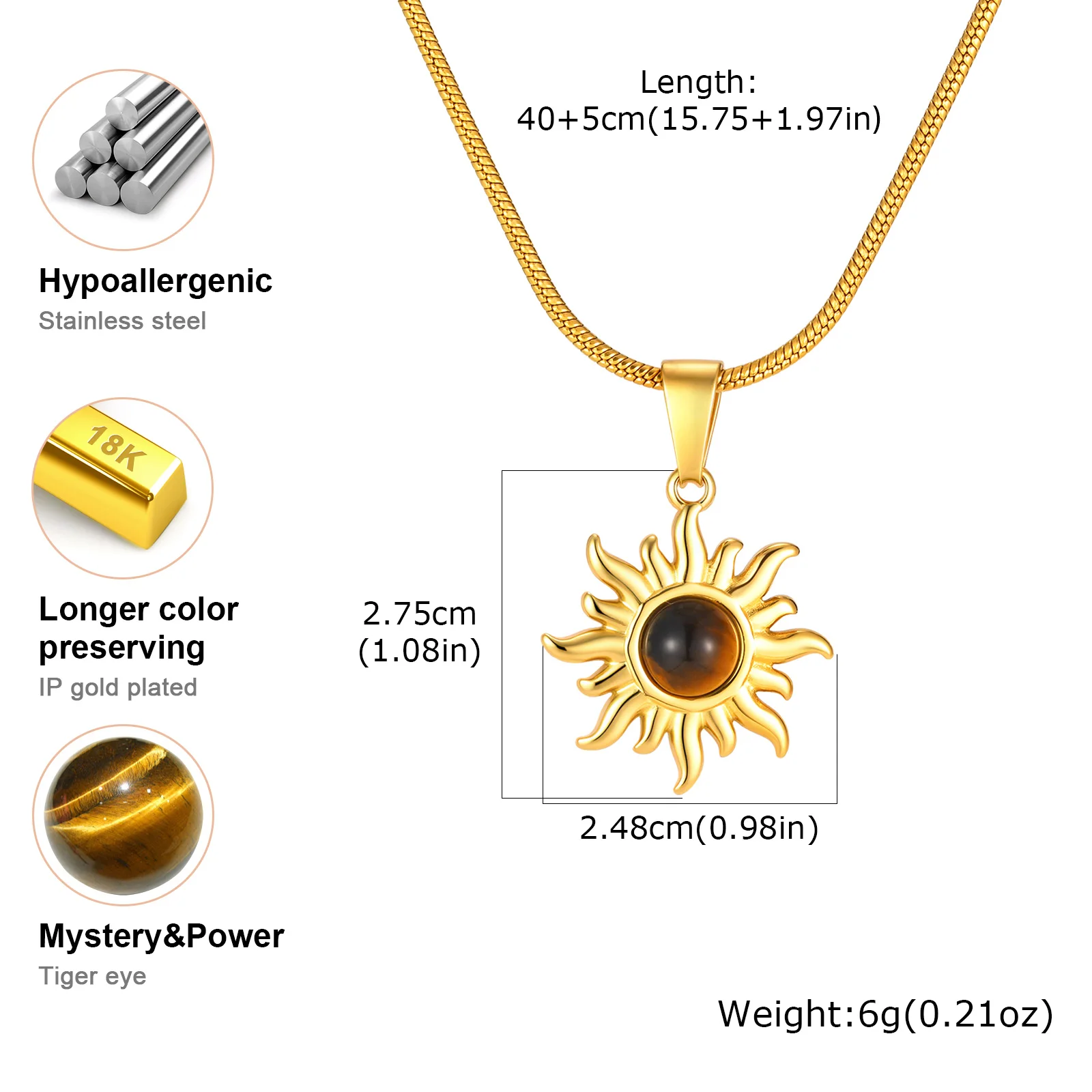 Vnox Gold Plated Tiger's Eye Sunflower Pendant Necklaces for Women, Stainless Steel Concise Solar Neck Chain Jewelry Gift