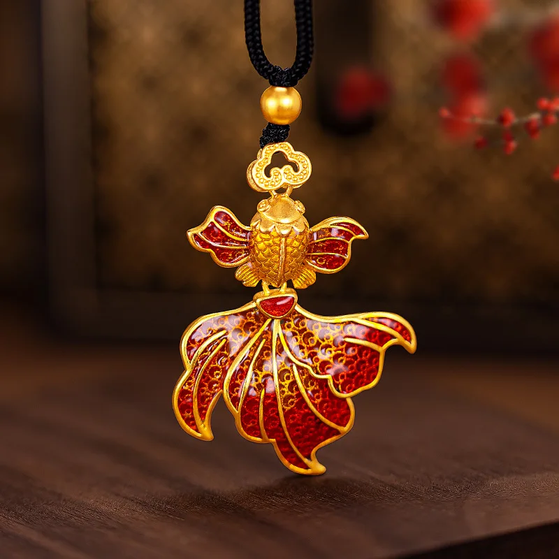 Women's Versatile 9999 24K Real Gold Red Goldfish Black Rope Pendant New Chinese Enamel Bright Fishtail Pendant Sweater Chain