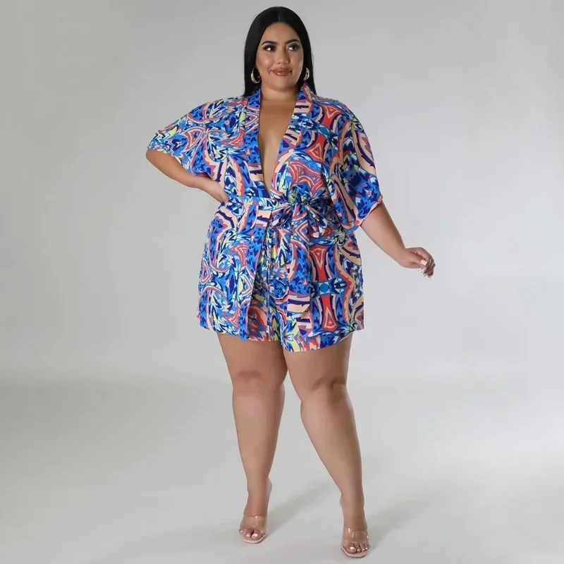 

KEXU Plus Size Fashion Print Women's Set Half Sleeve Open Stitch Shirt and Shorts 2024 Summer Two 2 Piece Set Outfits Tracksuit