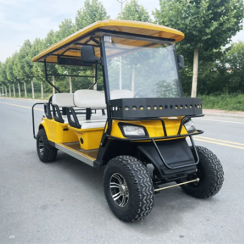 

Новый дизайн электрического гольф-кара с литиевой батареей 72В, разрешённого для использования на дорогах общего пользования, с внедорожными шинами, передним бампером и передней корзиной.