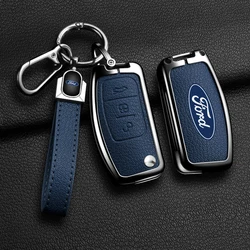 Zinc Alloy Leather Car 3 Buttons Flip Key Case Cover Smart Remote Shell For Ford Fiesta Focus MK2 Mondeo Kuga Galaxy C-Max S-Max