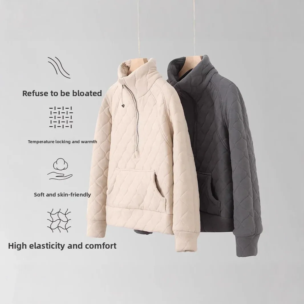 سترة نسائية من القطن الصوفي السميك من LULU بطبقات مزدوجة وسحاب وقلنسوة شتوية دافئة بياقة واقفة وأكمام كاملة