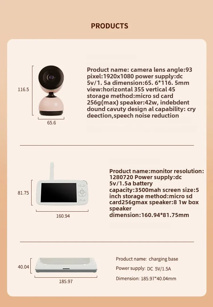 5 Inch Video HD Baby Monitor With Pan Tilt Camera 2.4G WiFi PTZ Motion Tracking Security Protection Two Way Audio Cam USB Charge