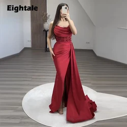 Eightale Red Evening Dress for Wedding Party Shiny Sequin Side Slit V-Neck Pleats Sexy Mermaid Satin Arabic Celebrity Prom Gowns