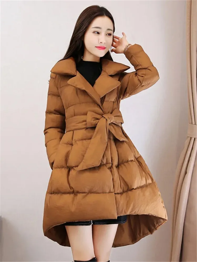 2025 New Winter Jacket Long Coat Women Parkas Warm Padded Cotton Jackets With Belt Female Clothing Belt Outerwear Clothes