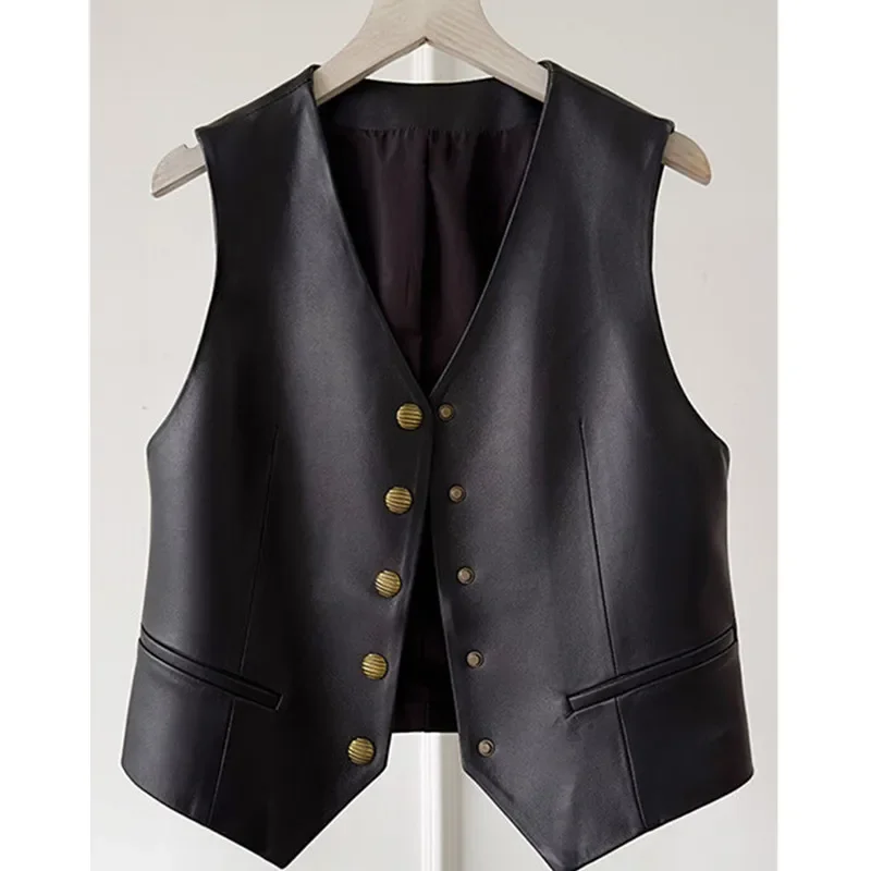 

New Spring Autumn Faux Leather Vests Woman Single Button Motorcycle Biker Pu Jackets Female All Match PU Waistcoat Outwear B42