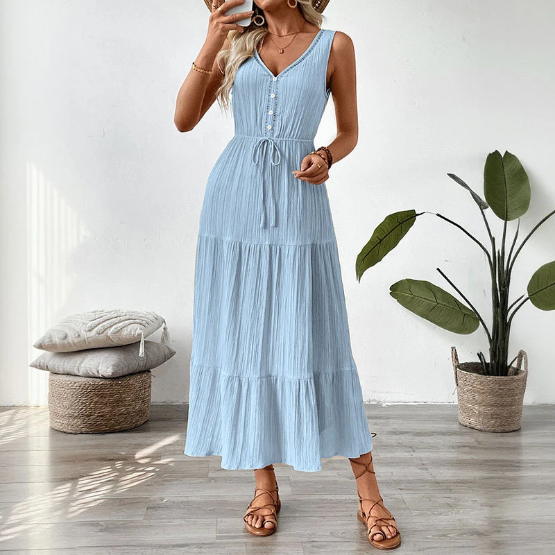 Women Sleeveless Tiered Maxi Dress V Neck Lace Trim Drawstring Waist Crinkle Textured Summer Beach Casual Dress Multi Colors