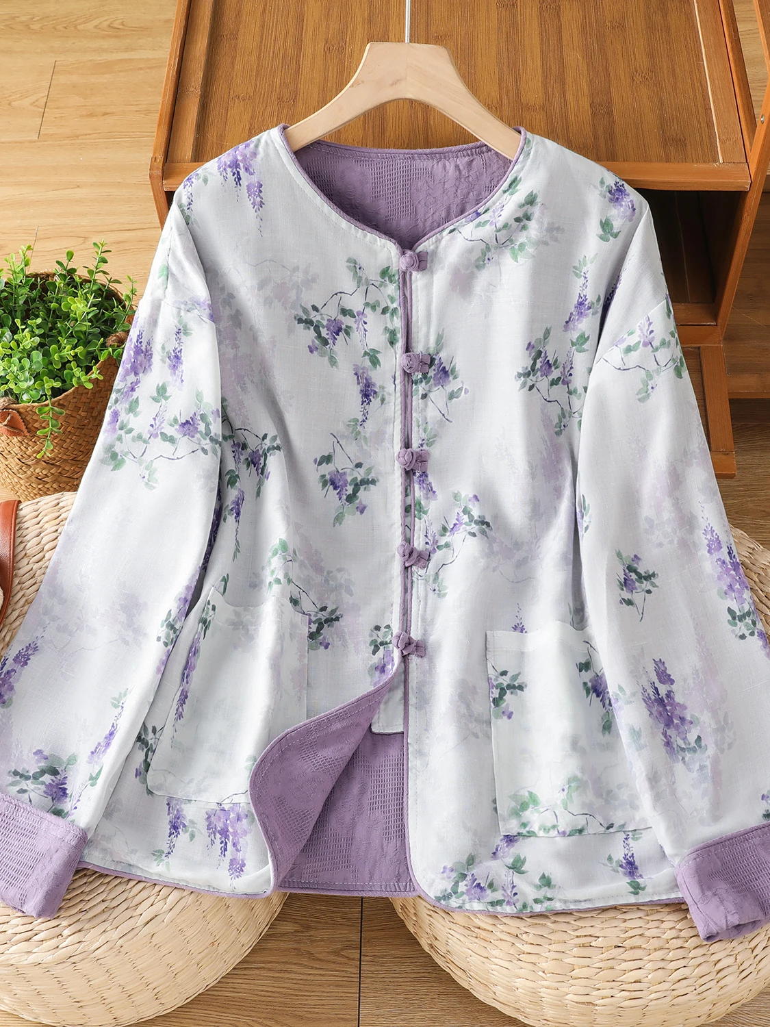 Dupla face usar roxo bordado jaet vintage chinês sle solto ajuste longo sve redondo ne malhas para mulher