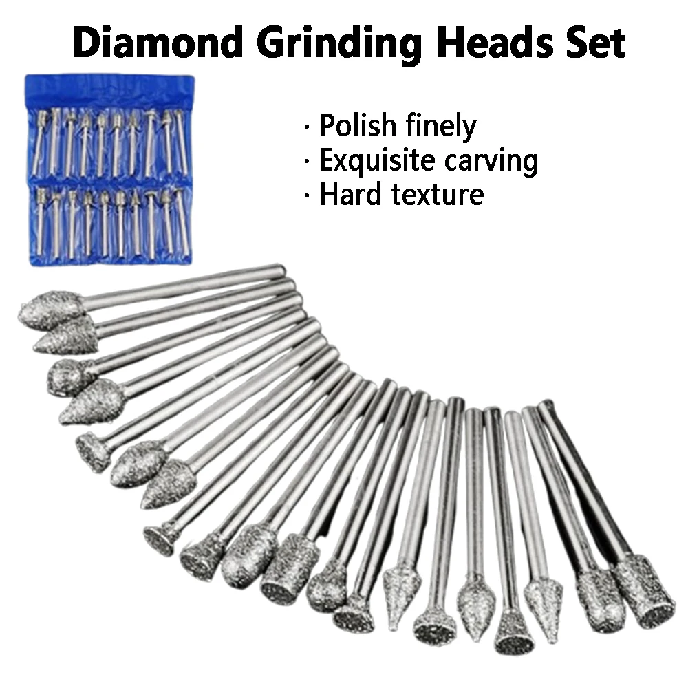 20Piece Set of Coarse Sand 46 Mesh Diamond Grinding Head Grinding Needle Handle Diameter 3mm Jade Carving Raw Stone Grinding