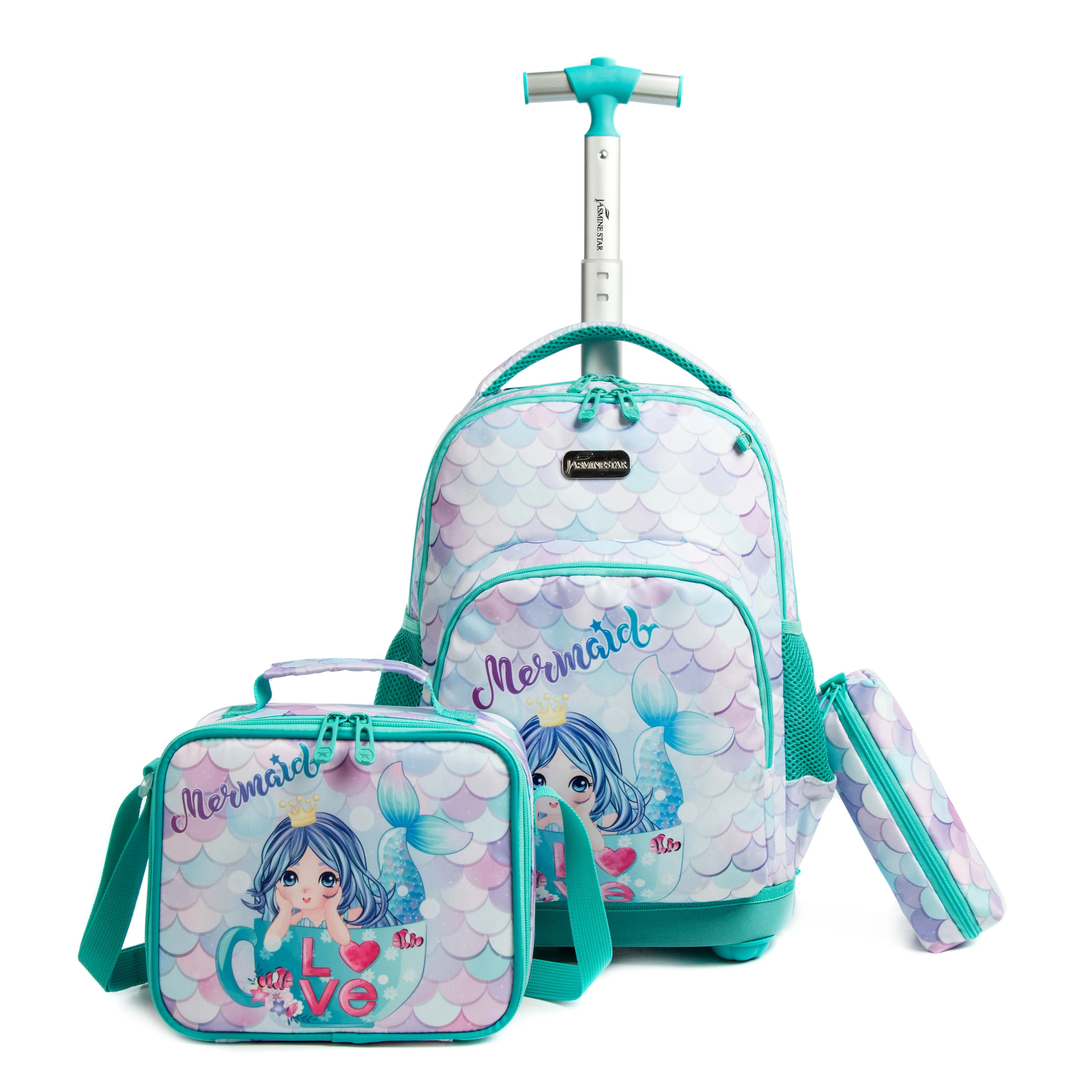 School Rolling Backpack Set para meninas, Lunch Bag, Trolley Bag, Laptop Bag, Mochila de rodas, Rodas