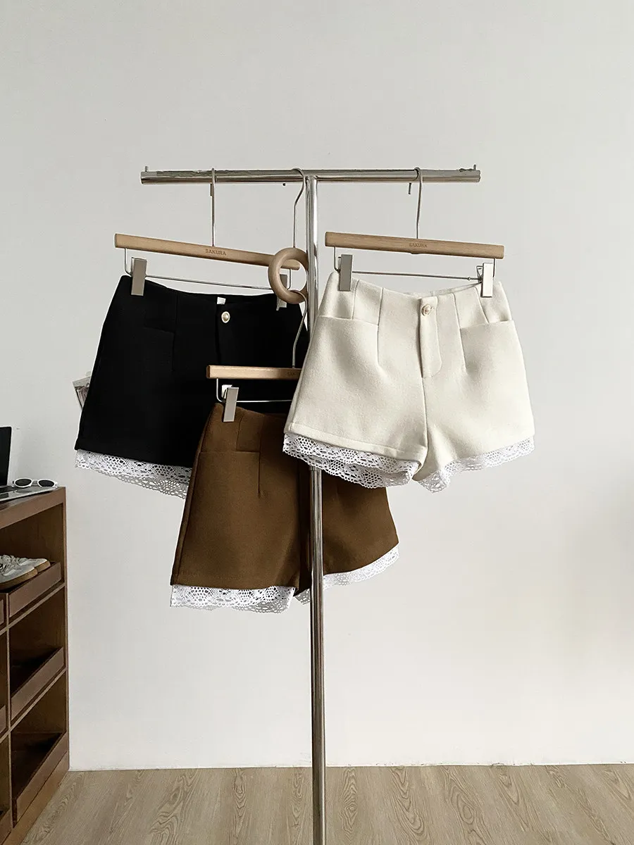 

Женские осенне-зимние шорты с кружевными вставками, широкие, с высокой талией, однотонные, в стиле ботфортов