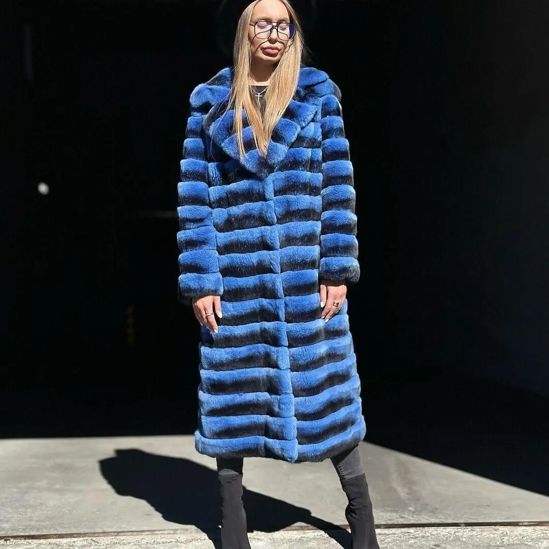 Elegant Women Genuine Rex Rabbit Fur Coat Fashion Blue Lapels Natural Fur Overcoats Winter Real Rex Rabbit Fur Warm Long Jacket