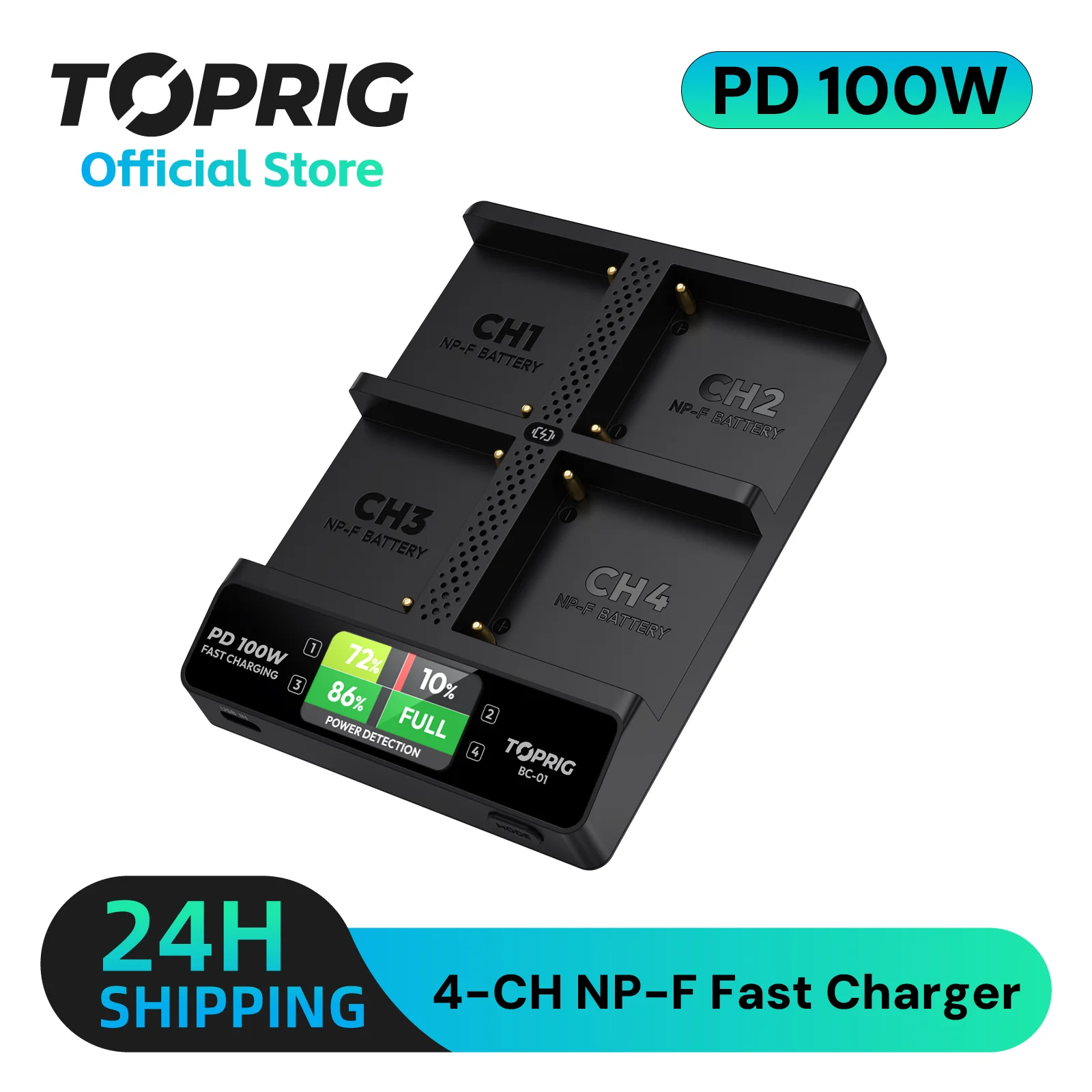 Toprig PD 100W 4-CH NP-F Fast Charger Color LCD display with LCD Display for Sony NP-F970, NP-F550 battery,Battery under-voltage