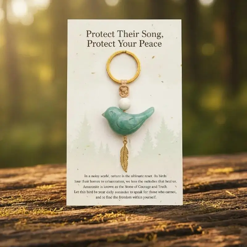  Inspirational Peace And Courage Themed Keychain With Natural Stone Bird Pendant And Sturdy Stainless Steel