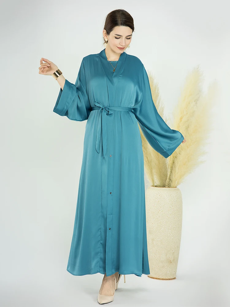 Solid Casual Moroccan Set Sleeveless Long Dress And Open Kimono Abaya With Sashes Include Pockets Jalabiyat Turkish Women Ramada