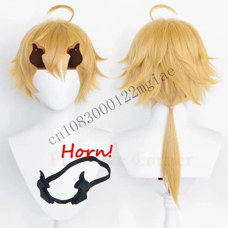 Genshin Impact Thoma Cosplay Wig Increased Volume Three-Dimensional Fluffy Design With Horn Yellow Wigs For Coser CMM221