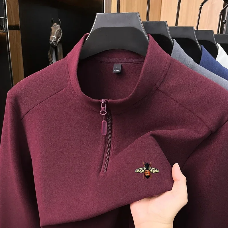 Men's fashion brand exquisite original bee embroidery zipper half high neck pullover sweater autumn comfortable warm sweater
