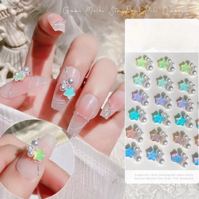 1Pc New Star Stacked Nail Charms, spring summer macaron star & pearl combo alloy ornaments for manicure rhinestone decoration