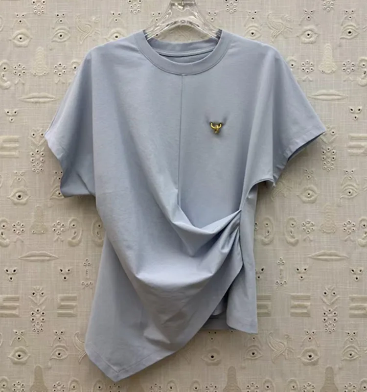 

Customization European women's clothing - new summer styles for 2026 Round-neck short-sleeved irregular fashion cotton T-shirt