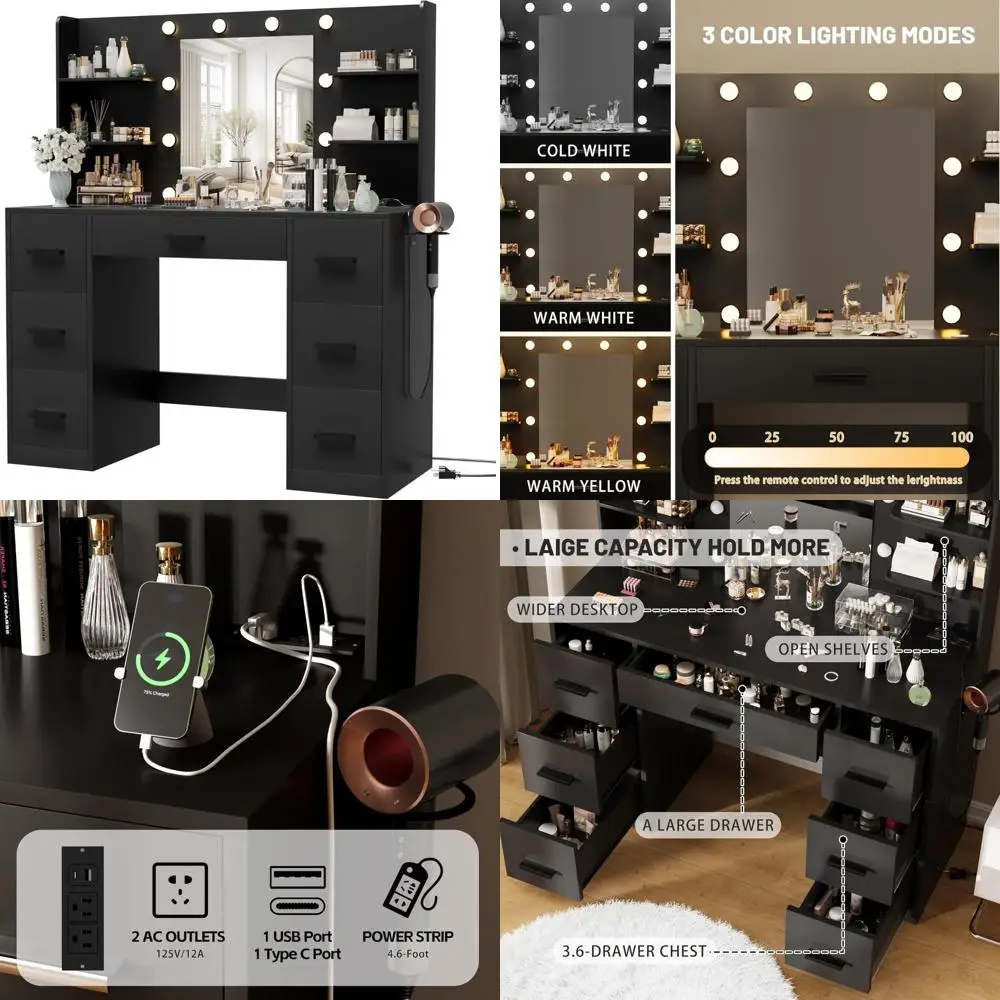 طاولة مكياج مضيئة مع 7 أدراج و6 أرفف ومرآة ومنفذ متضمن