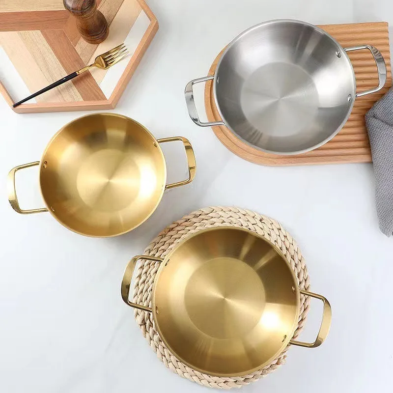 

Korean style stainless steel instant noodle pot, single person small hotpot, golden double ear dry pot