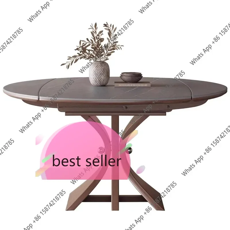 43K X Rock Slab Solid Wood Dining Table Variable Round Table Antique Household Small Apartment 2025 New Telescopic Folding Round
