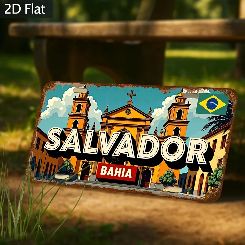 Placa Metálica Vintage 2D - Salvador de Bahia - Design Arquitetônico Retrô com Edifícios Coloridos e a Bandeira do Brasil