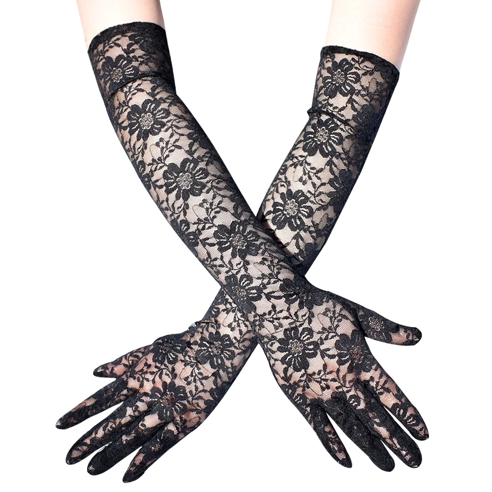 New Elastic Floral Lace Full Finger Holiday Party Gloves For Men Women Solid Sunscreen Long Mittens Outdoor Dress Up Gloves