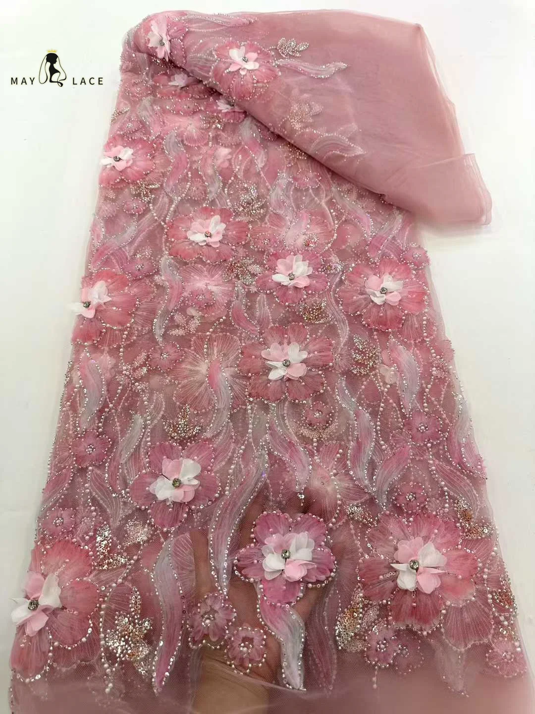 

Элегантная африканская кружевная ткань с пайетками 2026: высококачественное нигерийское вышитое 3D-кружево с цветами для женских вечерних и свадебных платьев