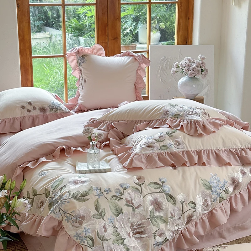 4Pcs Luxury Flowers Embroidery Ruffles Princess Bedding Set 1000TC Egyptian Cotton Brushed Duvet Coves Set Bed Sheet Pillowcases