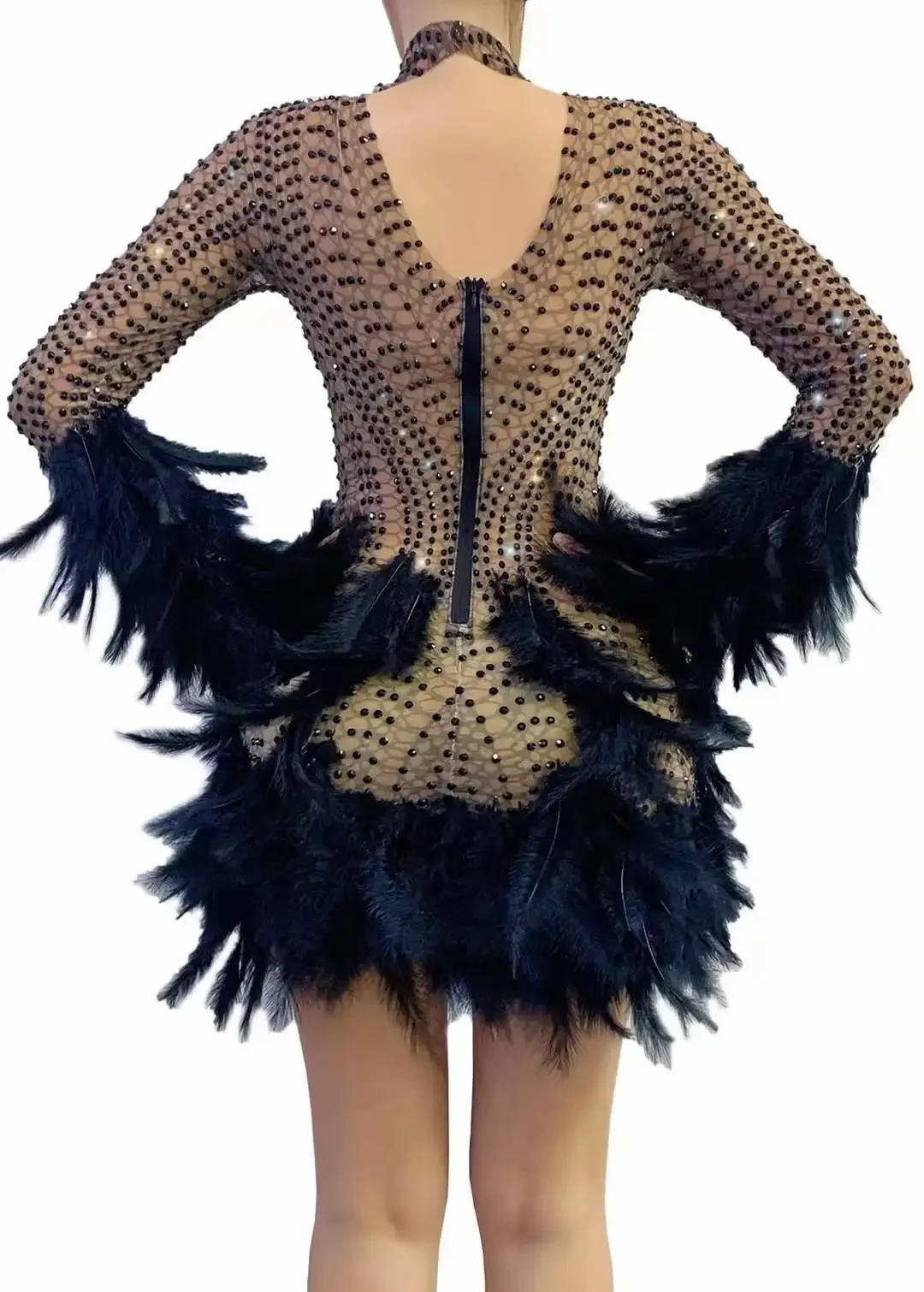 Birthday Dress Feather Black Rhinestone Sparkly Women Short Dresses Singer Dance Costume Dragqueen Outfit Long Sleeve Stage Wear