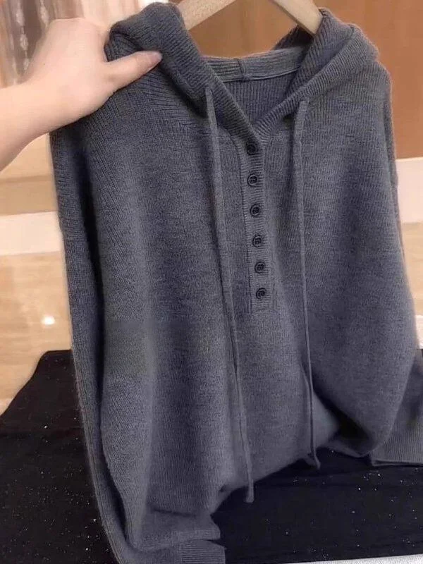 

Thickened Long Sleeve Knitted Hoodie Women's Winter Inner Wear Button Loose Fit Daily Single Piece Knitted Open Cardigan