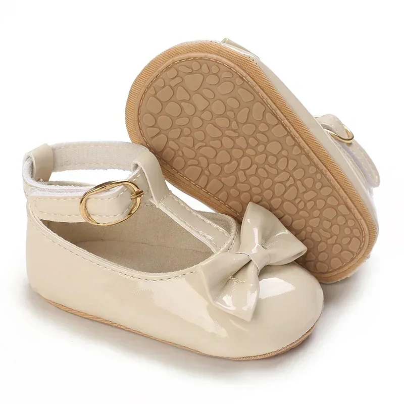 Newborn Apricot Soft and Sweet Princess Shoes for 0-1 Year Old Girl with Bow and Adhesive Sole Outdoor Anti slip Walking Shoes