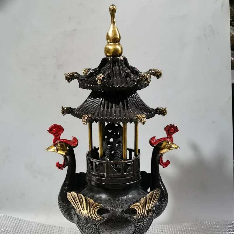 Antique Copper Phoenix Pagoda Incense Burner Ornament Copper Gilded Pagoda Incense Coil Holder Aromatherapy Burner Antique Colle