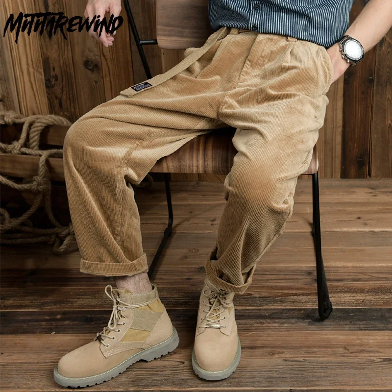 

Fall Winter Mens Pants Japanese Retro Casual Corduroy Pants Straight Gray Baggy Pants with Belt Daily Fashion Trousers for Men