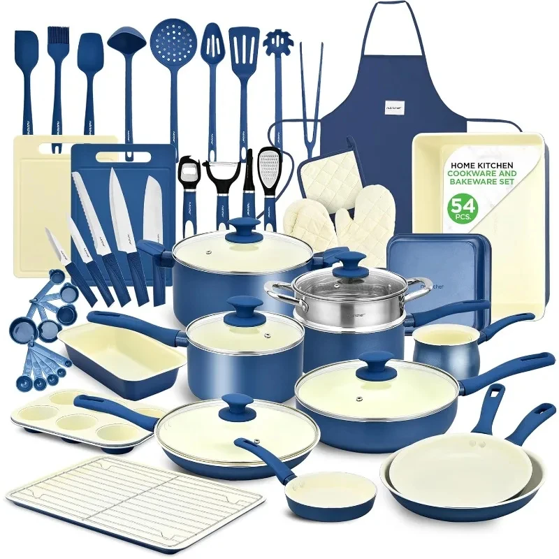 

54 Piece Professional Grade Complete Home Kitchen Cookware Set, Ceramic Non-Stick Bakeware, Pot and Pans Kit