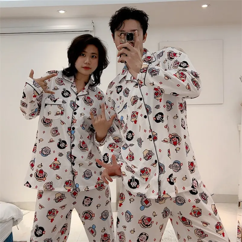 Cartoon One Piece Pajamas Anime Pure Cotton Soft Comfortable Leisure Wear Cute Long Sleeved Pants Lovers Men Women Pajamas Gift