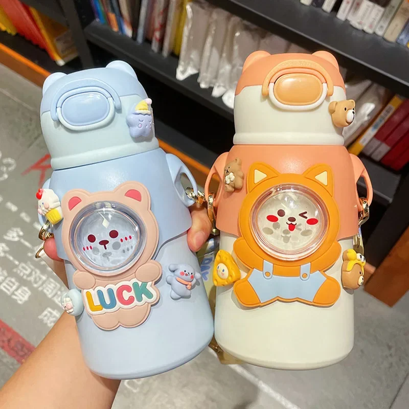 Children's Portable Thermos Water Bottle Boy Girl Cute Cartoon Stainless Steel Water Bottle with Straw Button Pop-up Thermos Cup