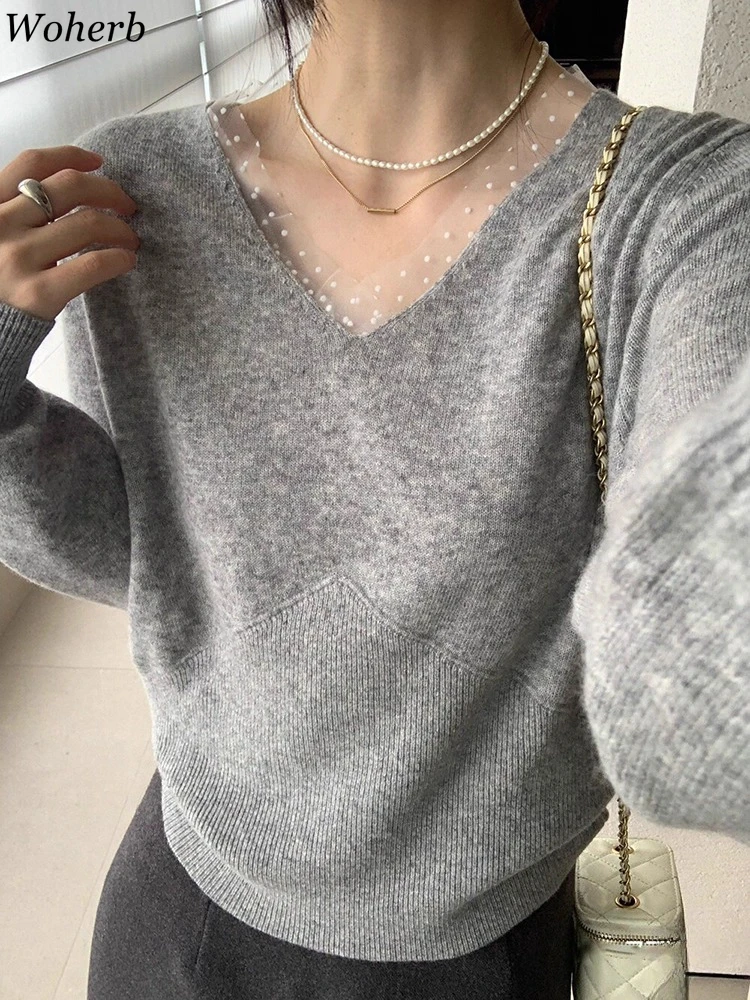 

Korean Jumper Patchwork Polka Dot V-neck Pullvers Women Sueter Mujer Long Sleeve Sweet Pull Femme Knitted Slim Fit ​sweater Tops