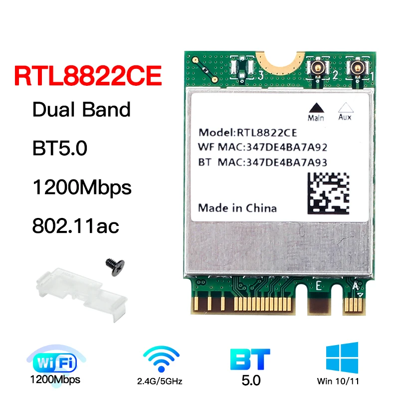 RTL8822CE 1200Mbps Dual Band 2.4G/5Ghz 802.11AC WiFi Card Network NGFF M.2 Card For Bluetooth 5.0 Laptop/PC Support Windows10/11