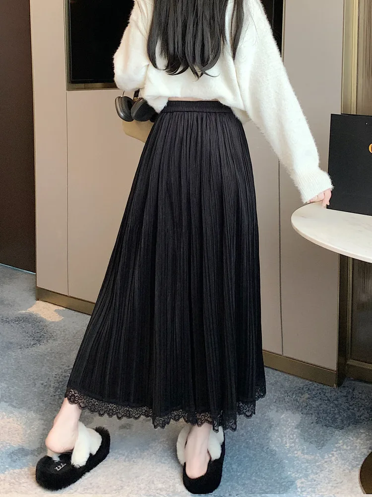 女性の秋冬レースパッチワークベルベットミディスカート女性のエレガントカジュアルハイウエストソリッドカラーAラインファルダス
