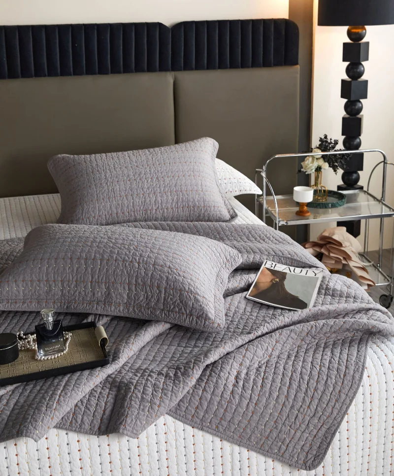 100% Cotton Soft Quilt, Solid Color Quilted Bedspread 3PCS Set, Double-Sided Embroidered Coverlet, All-Season Blanket for Bed